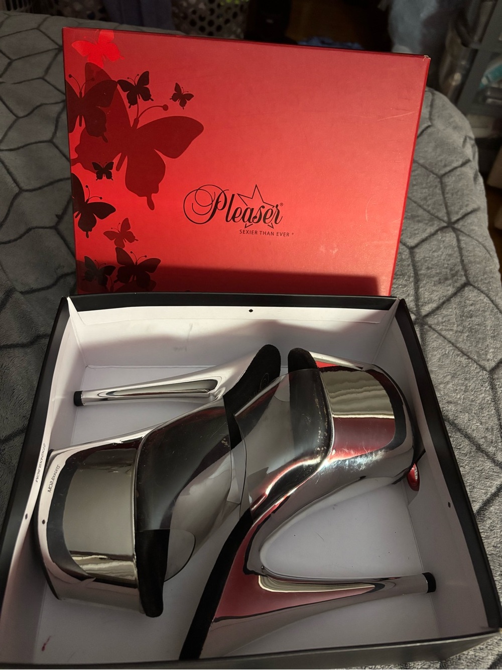 Pleaser Metallic Silver Platform Stiletto Heels with Clear Straps